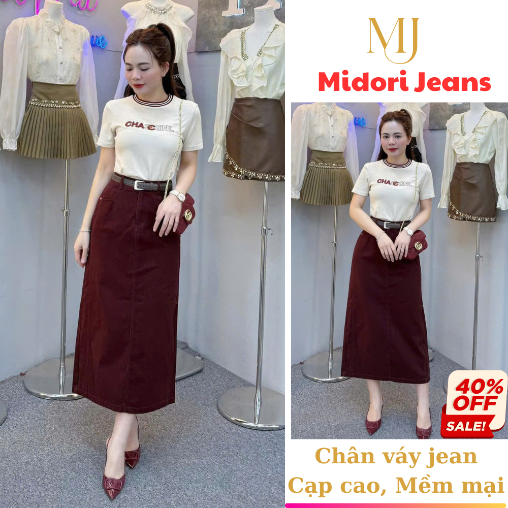Chân váy jean dáng dài cạp cao chữ A, Set áo thun + Chân váy bò chất dày dặn co giãn mềm mại TM03 Mi