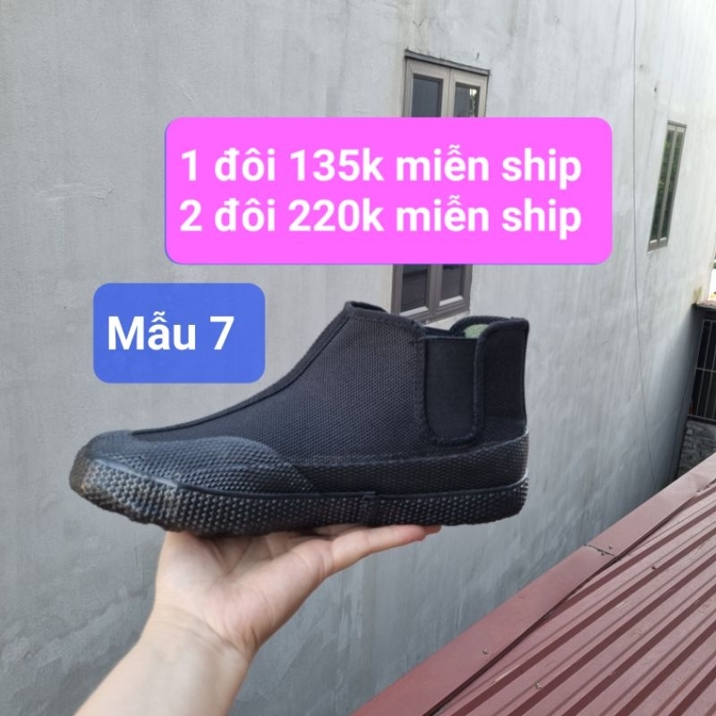 Giày lao động cổ cao bo chun không dây, giày lao động màu đen đế cao su, giày làm vườn, giày leo núi