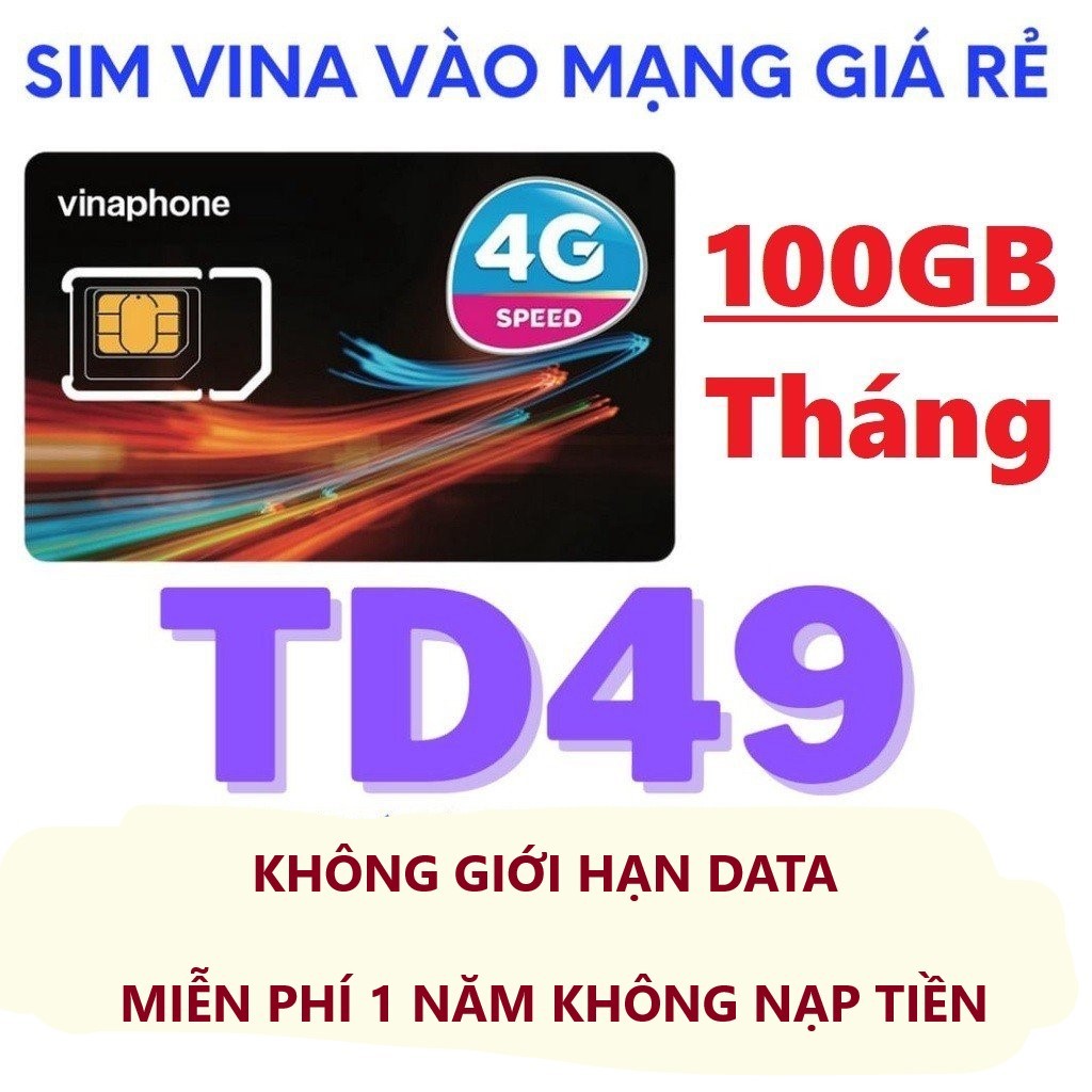 Sim 4G Vinaphone TD49 Sài Miễn Phí 1 năm Tặng 100GB/Tháng Vào Mạng - Gia Hạn 49K/Tháng