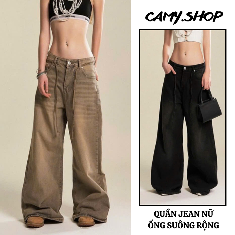 Quần jean nữ Retro ống suông rộng phối dây , quần jeans SMOKE Wash ống rộng Cạp Cao phong cách WHOSE STUDIO