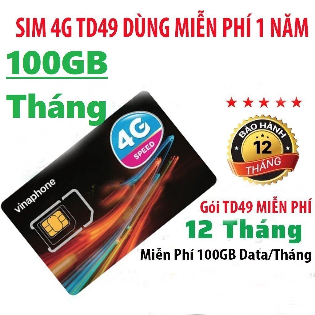 { TRỌN GÓI 1 NĂM } Sim Data 4G Vinaphone TD49 Ưu Đãi 100GB/Tháng Vào Mạng Full Data Tốc Độ Cao