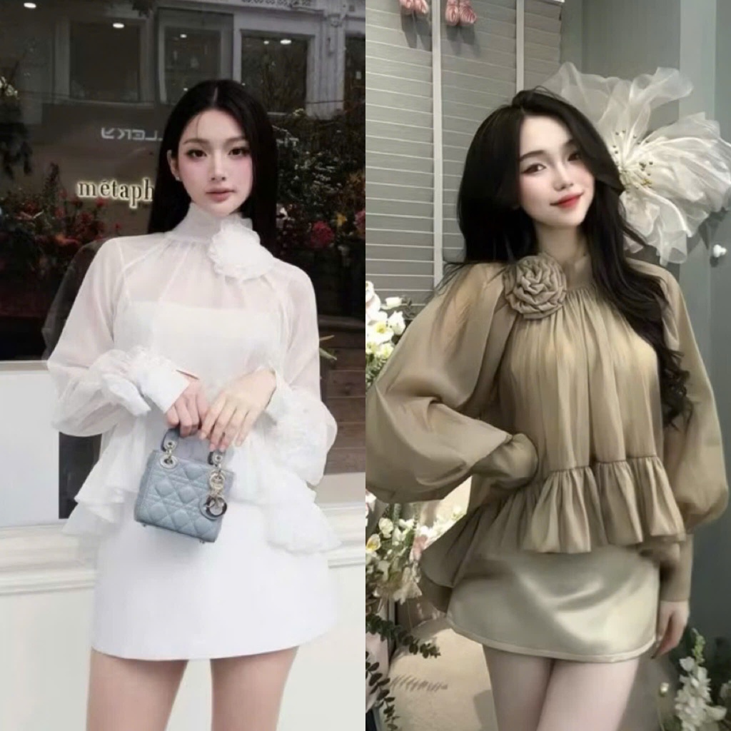 Set 3 Món: Áo Tơ Babydoll Cổ Hoa 2 Màu Kèm Áo Bra Mix Chân Váy Chữ A Chéo Ý Có Lót Quần Bảo Hộ (Ảnh 