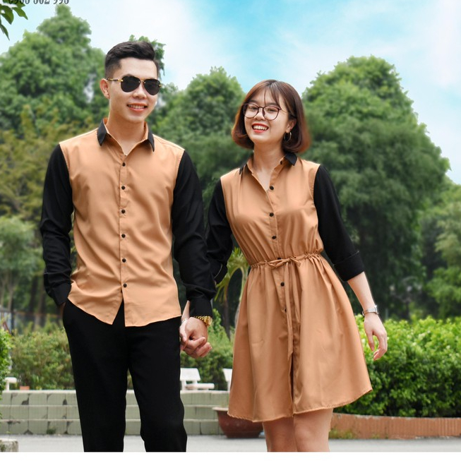 Đồ Đôi Sơ Mi Váy Fig Tree Màu Vàng Phối Màu Đen Lạ Mắt