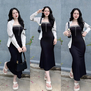 Đầm Ống Viền Sọc Dáng Dài Đuôi Cá Kèm Khoác Sơ Mi Viền Tay Dài