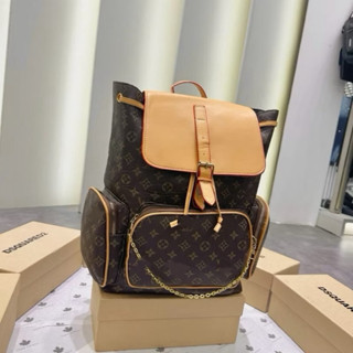 Balo đi học nam nữ Eo _Vì da Pu nâu vân hoa chữ monogram túi hộp nắp khoá phối xích đồng boy phố