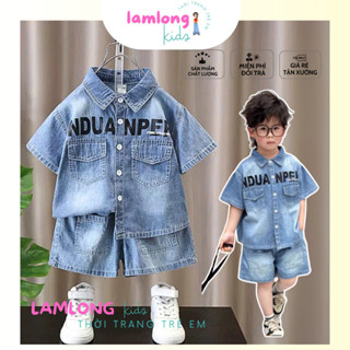 Bộ bé trai, bộ cộc tay bé trai vải jean mềm in chữ NPUANPEP cho bé từ 14-45Kg  phong cách mùa hè cá tính SB2