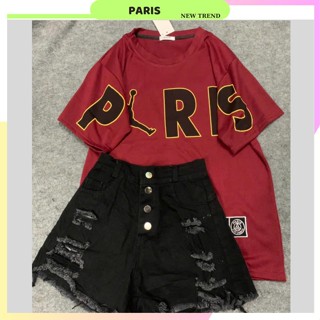 Set bộ Gồm Áo Phông Chữ PARIS Phối Kèm Quần Sooc rách Tua Rua 4 Khuy Đen/Trắng [size SML]