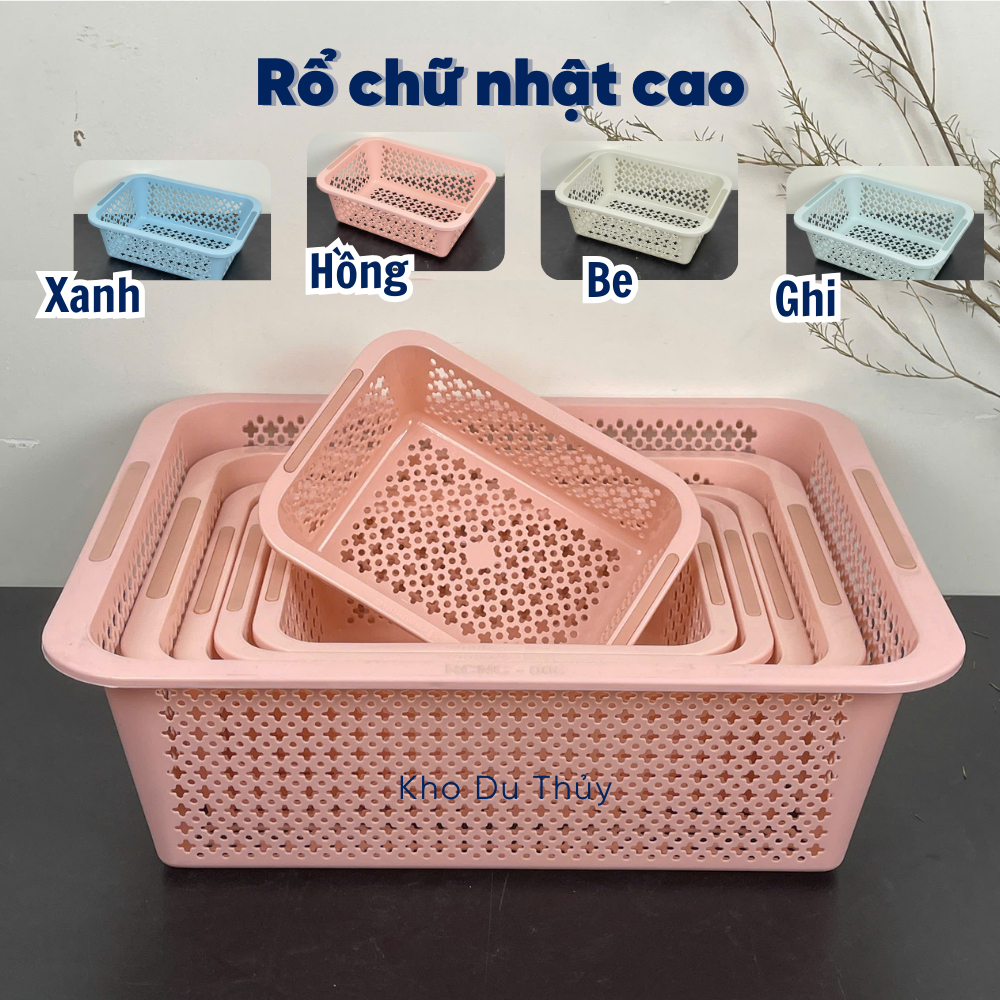 Rổ nhựa hình chữ nhật cao Châu Hưng, màu pastel Hàn Quốc hồng, be, xanh gia dụng Du Thủy