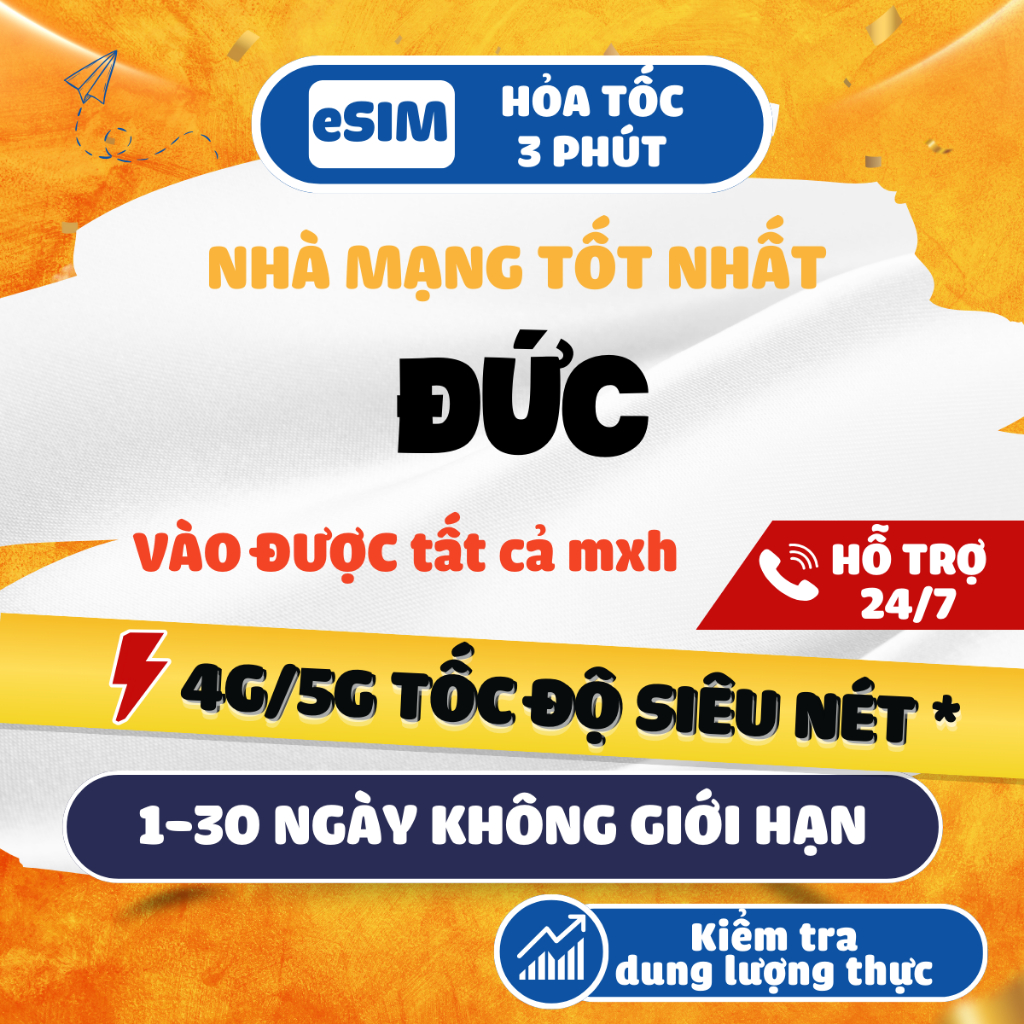 [eSIM 4G HCM] eSim du lịch ĐỨC Germany mạng O2/Vodafon, 4G siêu nét không giới hạn, hỗ trợ 24/7, khô
