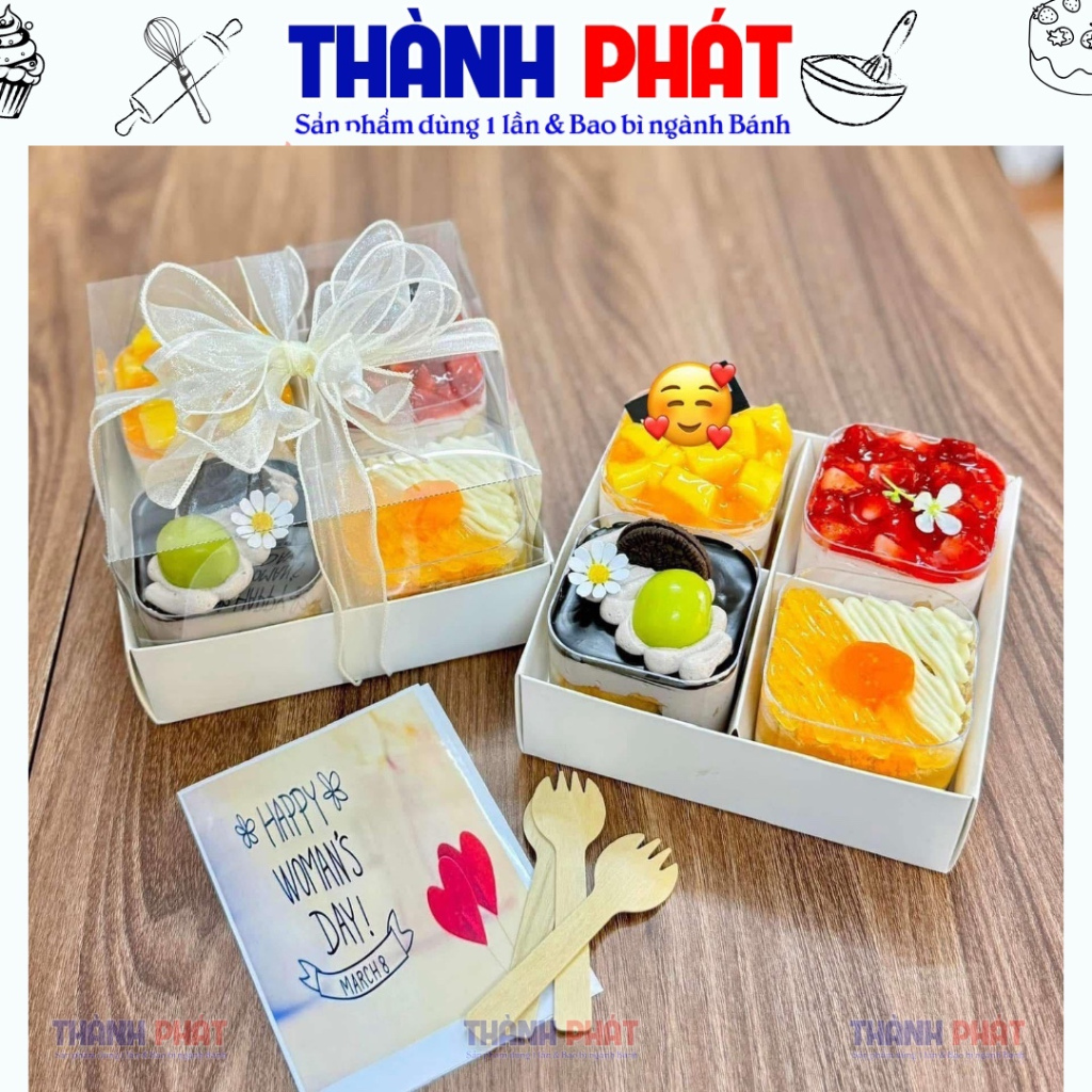 10 Hộp giấy 4 ngăn nắp mica đựng bánh mousse, panacotta, tiramisu mix vị hot trend 2024, hộp 4 bánh 