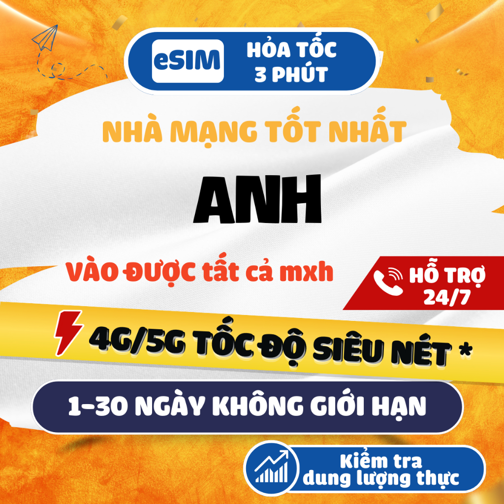 [eSIM 4G HCM] eSim du lịch ANH UK United Kingdom mạng O2/EE/Vodafone, data không giới hạn, bảo hành 