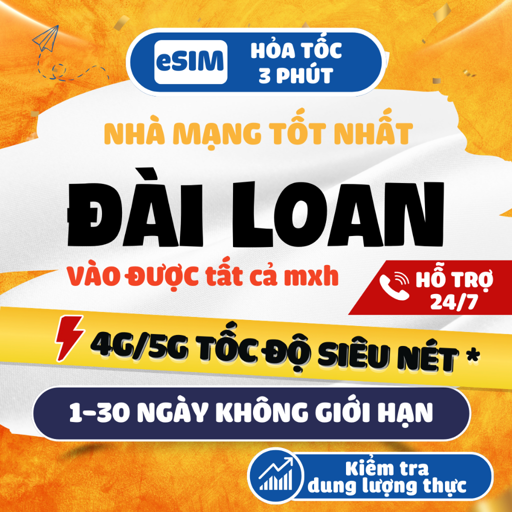 [ESIM 4G HCM] eSim du lịch ĐÀI LOAN Taiwan, mạng Chungwa, data không giới hạn, bảo hành hoàn tiền (c