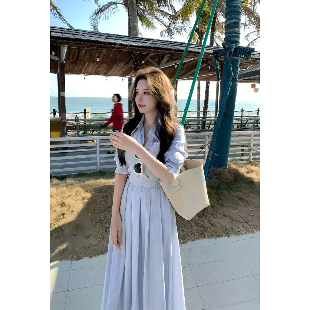 Set kẻ phối viền ren ( gồm áo sơmi & chân váy) - S1318- Design by Lolie