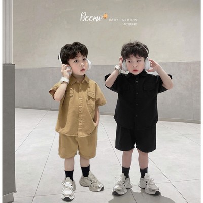 Set bộ sơ mi cộc tay form rộng Beemo phối túi ngực vải kaki cho bé trai từ 9-24kg 4019SHB