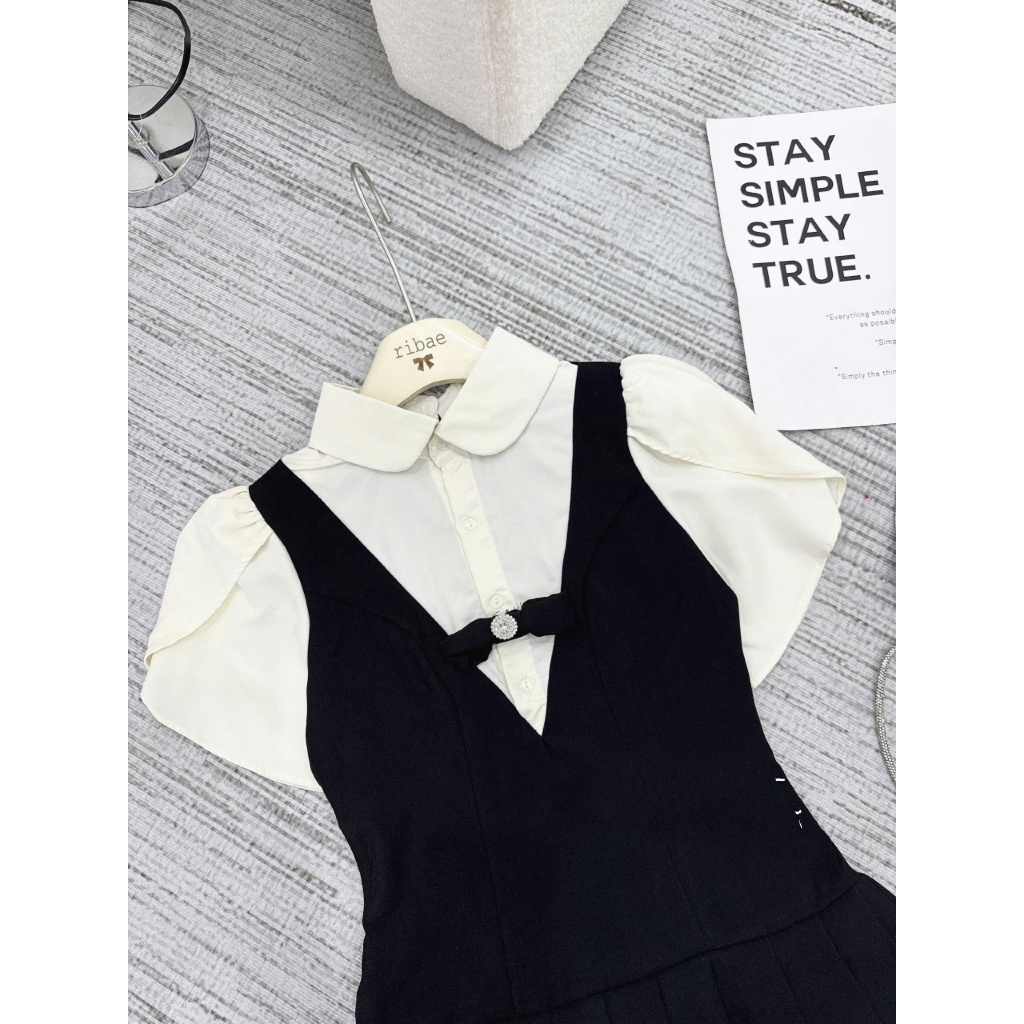 Váy Sơ Mi Tay Bồng Cổ Sen Đính Nơ Phối Yếm Xếp Ly Chéo Hàn Tiểu Thư Ảnh Thật Trải Sàn Lollaye | BigBuy360 - bigbuy360.vn