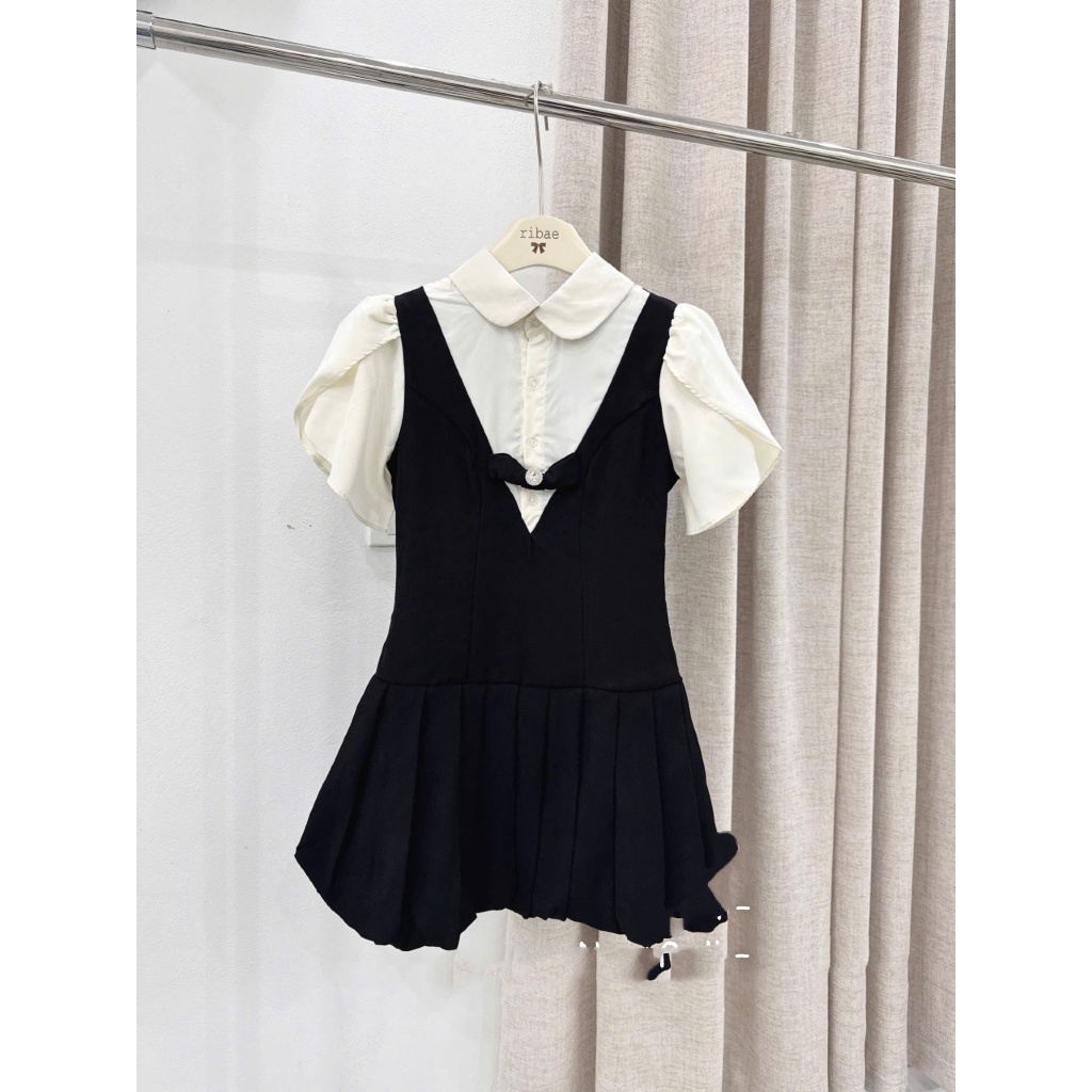 Váy Sơ Mi Tay Bồng Cổ Sen Đính Nơ Phối Yếm Xếp Ly Chéo Hàn Tiểu Thư Ảnh Thật Trải Sàn Lollaye | BigBuy360 - bigbuy360.vn