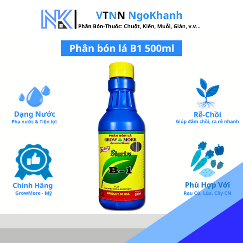 Growmore B1 500ml Phân Bón Lá Mỹ, Vitamin B1, dùng cho cây kiểng, hoa kiểng, kích ra bông