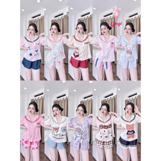 [ Size40-60kg Đồ Ngắn041024 ]Đồ bộ nữ mặc nhà áo tay ngắn quần ngắn form cổ lá sang chảnh chất lụa latin cao cấp