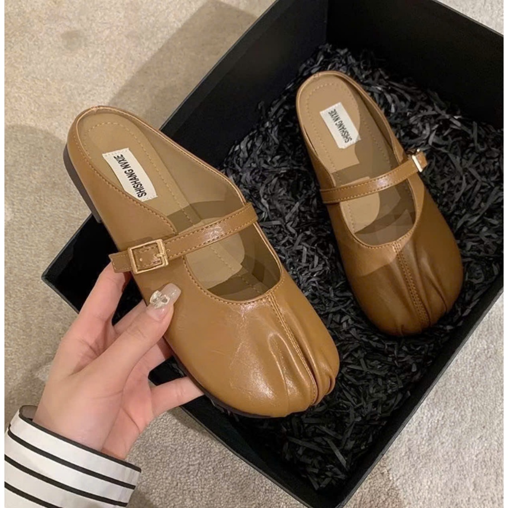 TH.STORE Giày sục nữ đế bệt bít mũi màu kem, nâu chất da mềm cao cấp mang êm chân (707) | BigBuy360 - bigbuy360.vn
