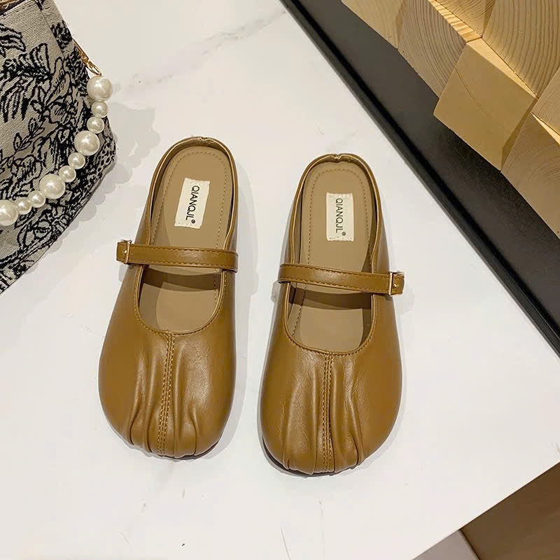 TH.STORE Giày sục nữ đế bệt bít mũi màu kem, nâu chất da mềm cao cấp mang êm chân (707) | BigBuy360 - bigbuy360.vn