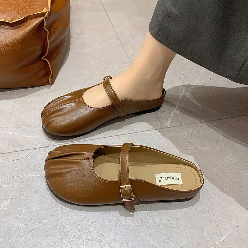 TH.STORE Giày sục nữ đế bệt bít mũi màu kem, nâu chất da mềm cao cấp mang êm chân (707) | BigBuy360 - bigbuy360.vn