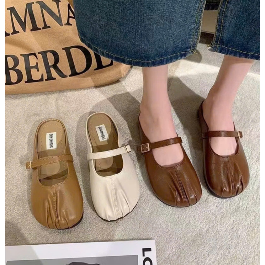 TH.STORE Giày sục nữ đế bệt bít mũi màu kem, nâu chất da mềm cao cấp mang êm chân (707) | BigBuy360 - bigbuy360.vn