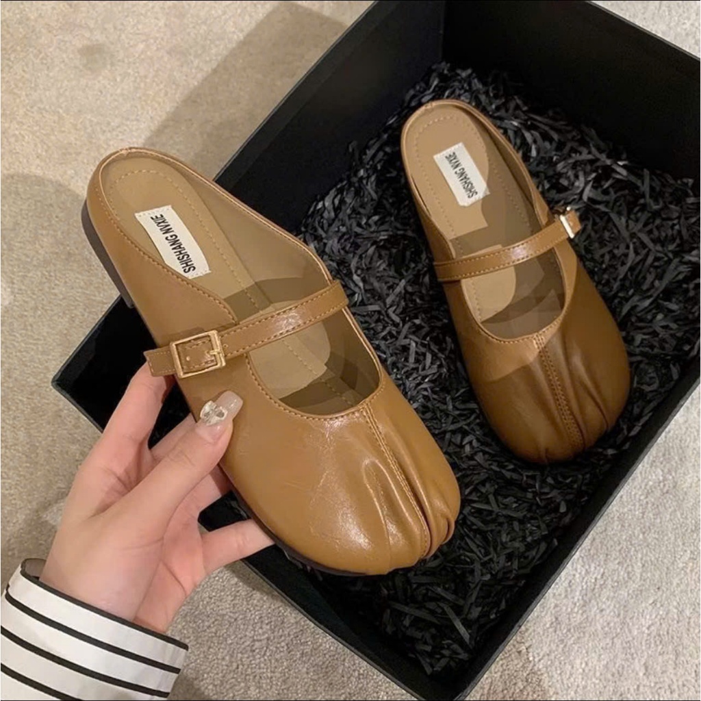 TH.STORE Giày sục nữ đế bệt bít mũi màu kem, nâu chất da mềm cao cấp mang êm chân (707) | BigBuy360 - bigbuy360.vn