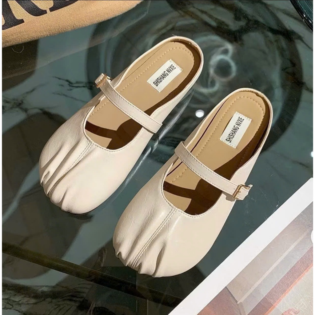 TH.STORE Giày sục nữ đế bệt bít mũi màu kem, nâu chất da mềm cao cấp mang êm chân (707) | BigBuy360 - bigbuy360.vn