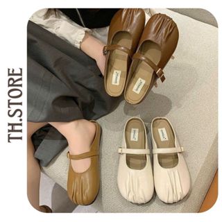 TH.STORE Giày sục nữ đế bệt bít mũi màu kem, nâu chất da mềm cao cấp mang êm chân (707)