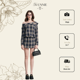 KATLYN DRESS - Váy liền trễ vai xanh karo tặng kèm charm bướm | CHIC DIARY - SPRING SUMMER 2024 The Unnie Collection