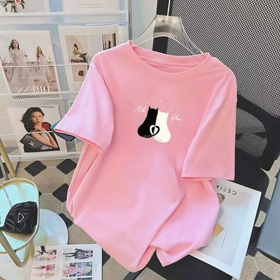 Áo phông nữ dáng rộng NA03 in hình mèo chất liệu thun cotton co giãn 4 chiều Loza RT8111