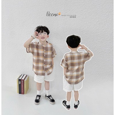 Set bộ sơ mi cổ tàu Beemo hoạ tiết kẻ vải thô cho bé trai từ 9-24kg 4651BHB