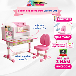 Bộ Bàn ghế học sinh Unicorn U01 Bàn học cho bé Tiểu học Nâng hạ chiều cao linh hoạt Có giá sách