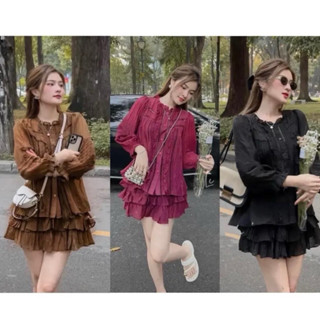  S158 Set babydoll chất voan tơ 3 món cổ bèo tròn tay dài + chân váy tầng 