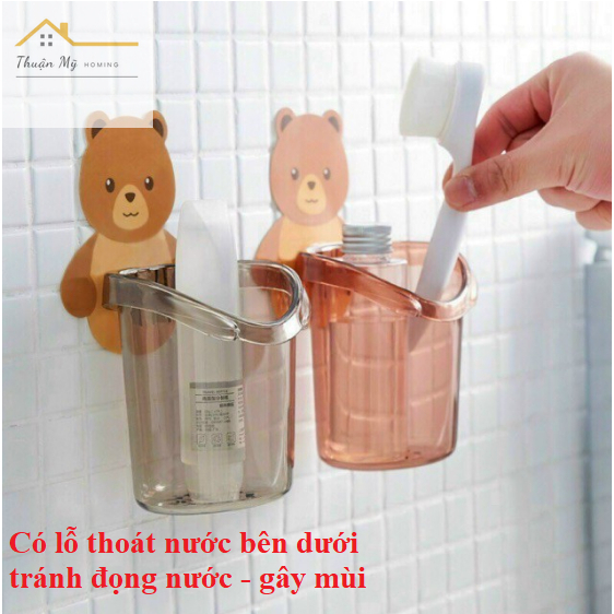 Ly cốc đựng bàn chải kem đánh răng dán tường hình gấu cute, Cốc dán tường nhà tắm chú gấu dễ thương