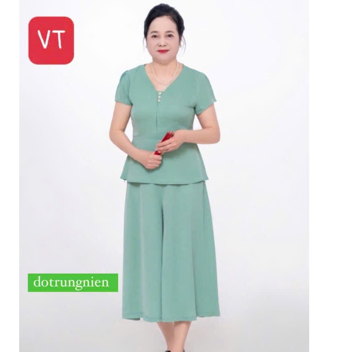 MÃ VT-Set bộ trung niên cách điệu cho mẹ,quần ống rộng giả váy chất lụa mango