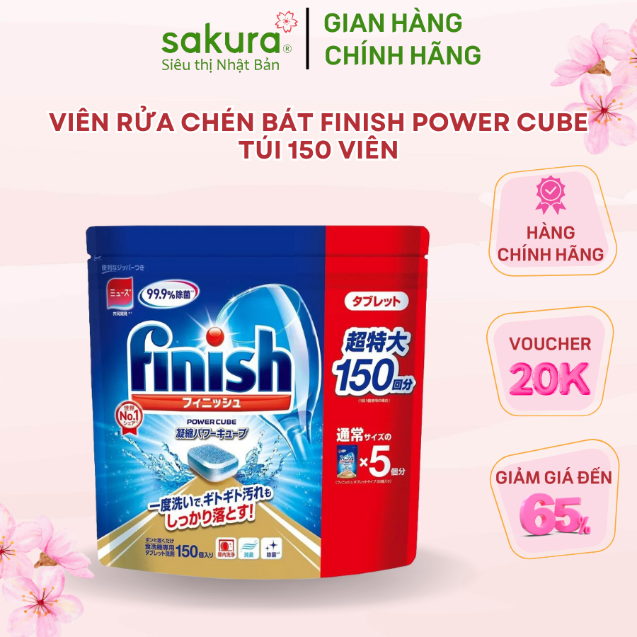 Viên rửa chén bát Finish Power Cube túi 150 viên làm sạch bát hàng Nhật Bản