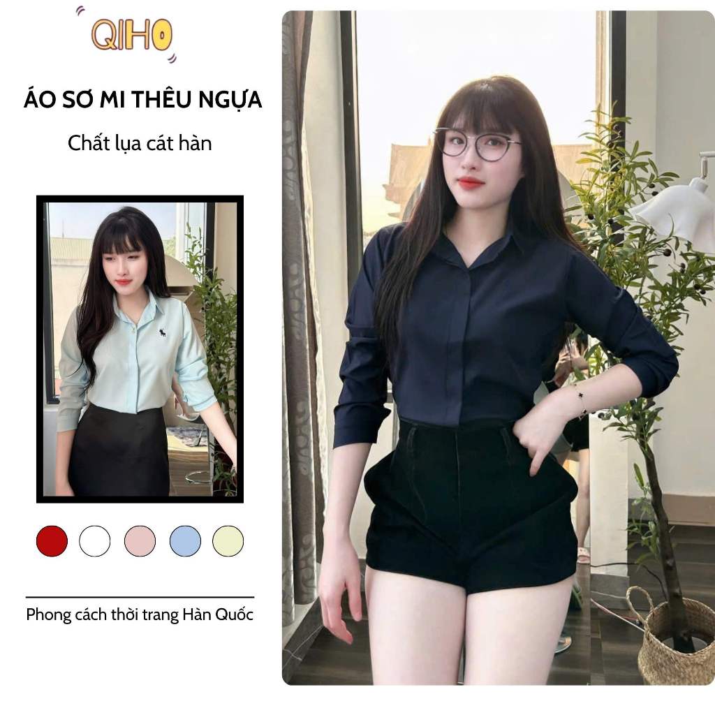Áo sơ mi nữ tay dài thêu ngựa giấu cúc nhiều màu phong cách hàn quốc mã A22 | BigBuy360 - bigbuy360.vn