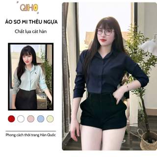 Áo sơ mi nữ tay dài thêu ngựa giấu cúc nhiều màu phong cách hàn quốc mã A22