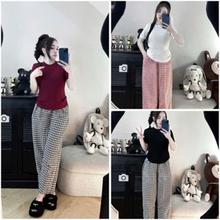  Sét QUẦN KẺ Ô NHỎ quần suông cạp chun  kèm áo  thun dáng vừa phong cách Hàn Quốc M8574 