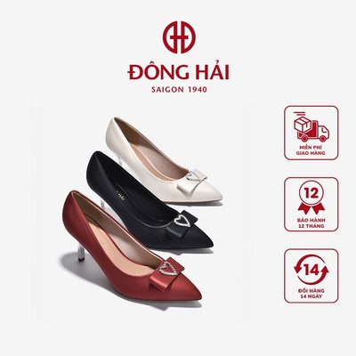 Giày Cao Gót Đông Hải Vải Satin Nơ Phối Tim Đá - G81R6