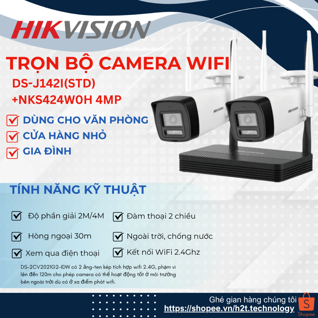 Bộ KIT Camera WiFi Hikvision DS-J142I(STD), đầu ghi 4 kênh, Camera 2MP/4MP, đàm thoại 2 chiều