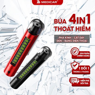BÚA THOÁT HIỂM Ô TÔ 4IN1 Medicar - Phá kính nhanh, Lưỡi dao bén, Đèn led sáng, Bảng số điện thoại