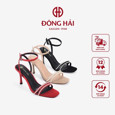 Giày Sandal Cao Gót Nữ Đông Hải Quai Đôi Đính Đá Mũi Vuông Gót Nhọn 9cm - S81P9