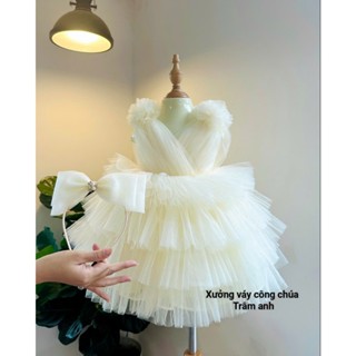  đầm váy công chúa 4 tầng hoa vai màu KEM và TRẮNG  cao cấp cho bé 
