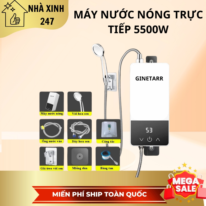 Máy tạo nước nóng tại vòi, có vòi sen mặt kính hiển thị nhiệt độ Chống giật mẫu mới GINETARR D5580D1 5500w