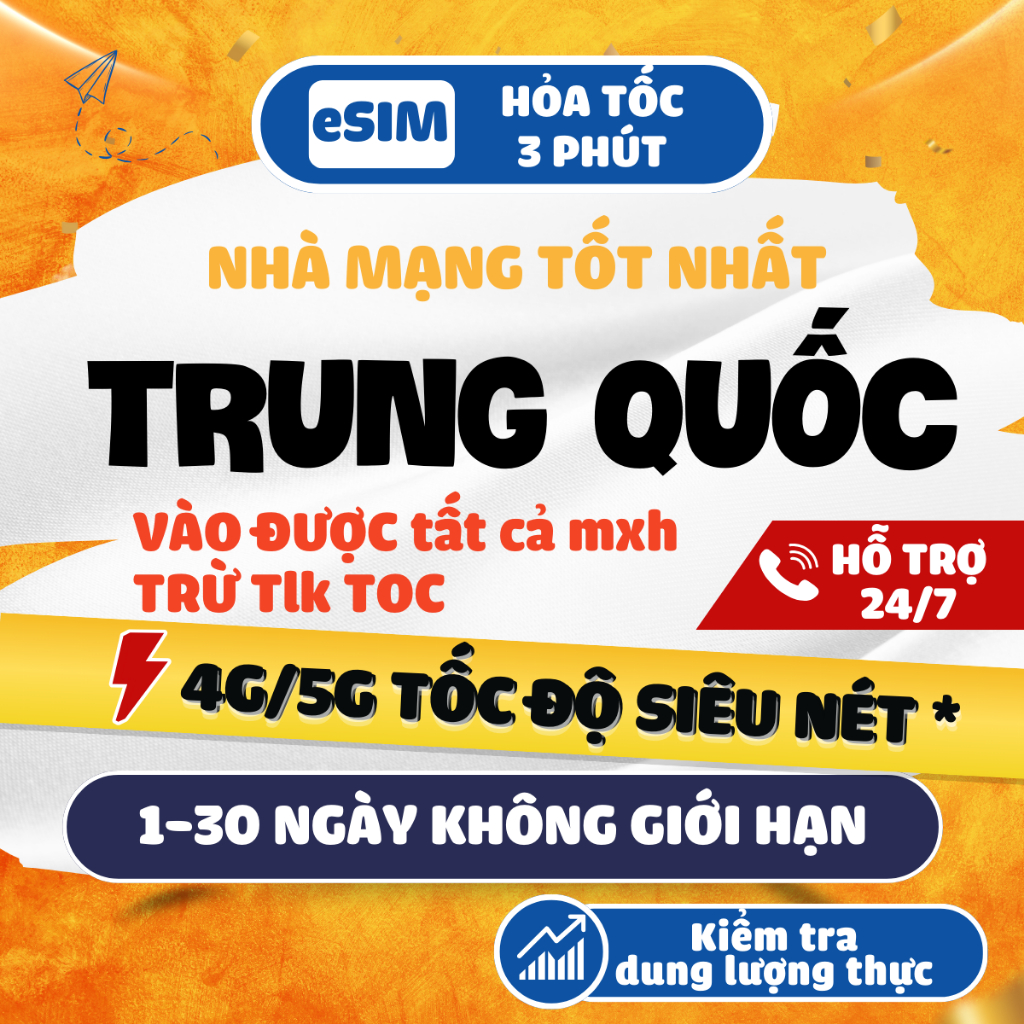 ESIM du lịch Trung Quốc CÓ TjxT0K không cần VPN, mạng China Mobile/Unicom, bảo hành 1-1 (có vật lý)