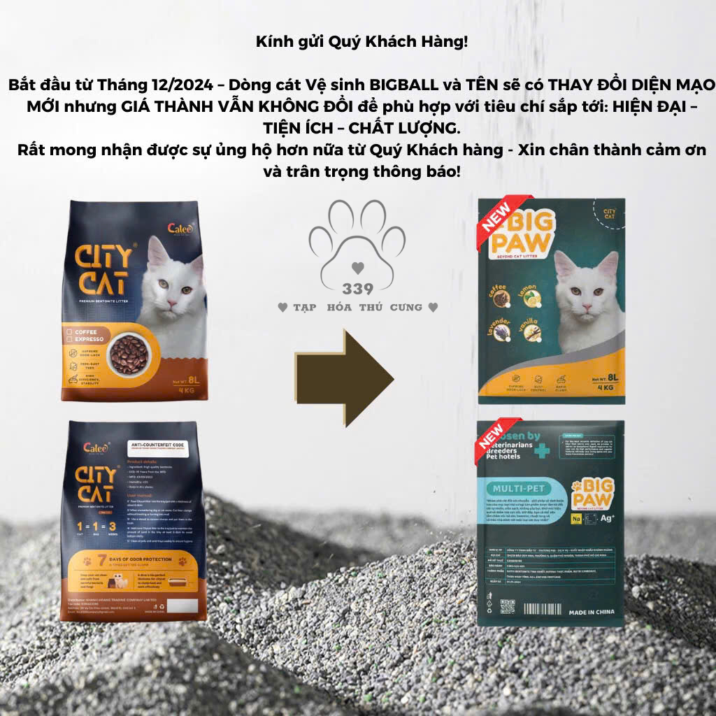 [HỎA TỐC Q12] CÁT VỆ SINH MÈO VÀ LÓT CHUỒNG HAMSTER CÁT MÈO KHÔNG BỤI CITYCAT BIGPAW 8L