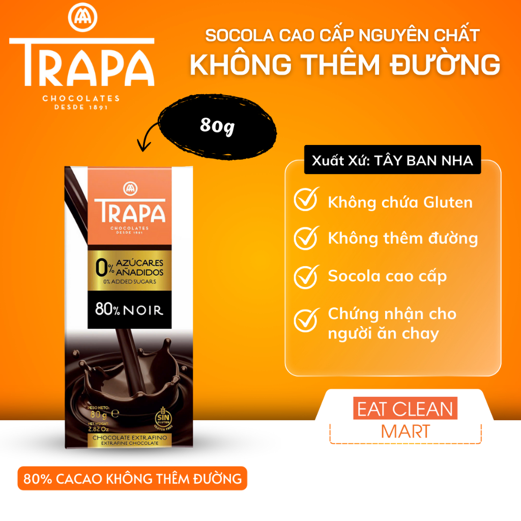 SOCOLA CAO CẤP 80% CACAO HIỆU TRAPA KHÔNG THÊM ĐƯỜNG, KHÔNG GLUTEN - 0% SUGAR ADDED-  GLUTEN FREE - 