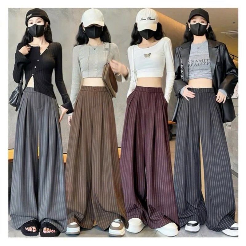 Quần Ống Rộng Gold Hàn Kẻ Sọc Phong Cách Hàn Quốc Phối Chun Sau Siêu Tôn Dáng